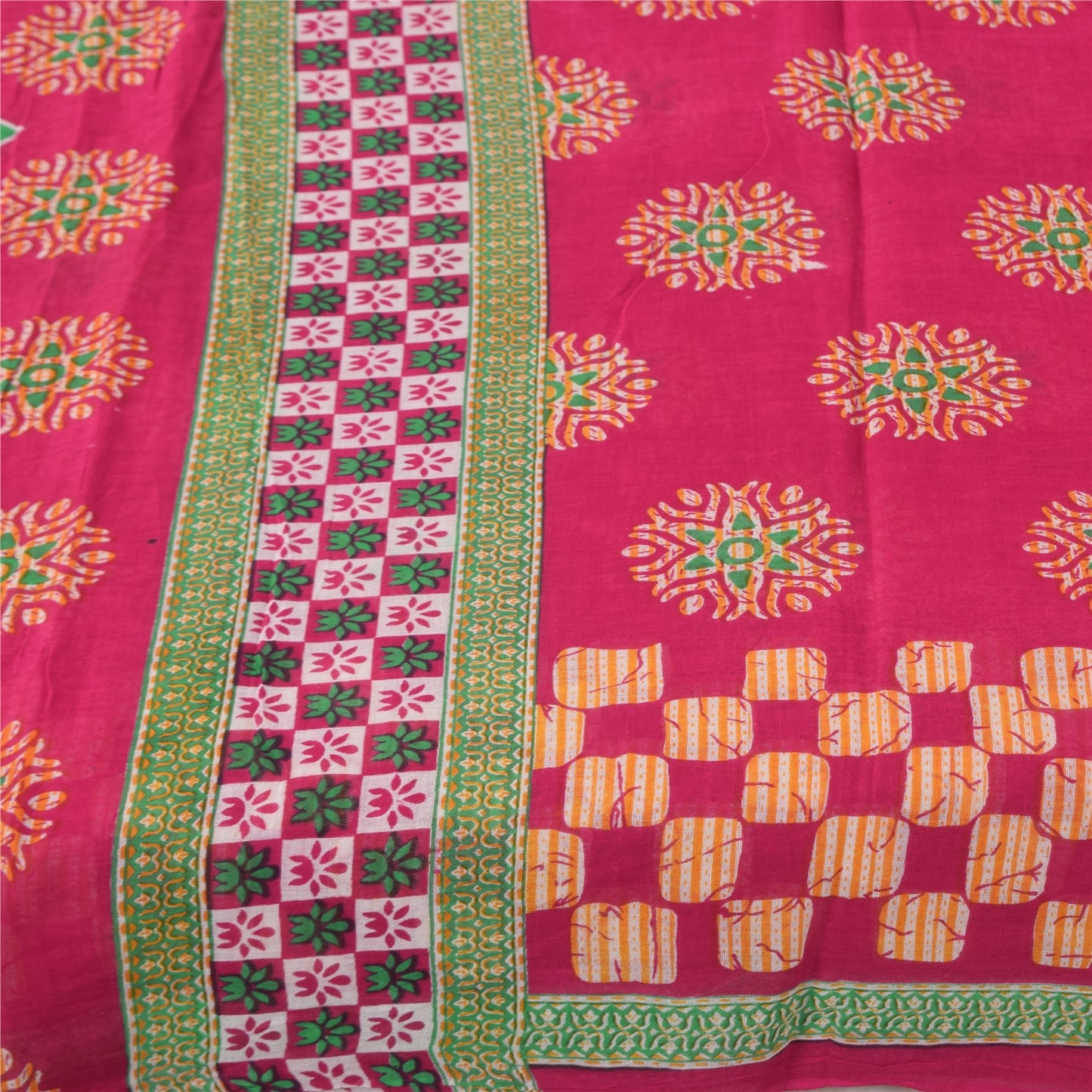 Sanskriti Vintage Sarees Hot-Pink Pure Cotton Printed Sari 5+yd Craft Fabric