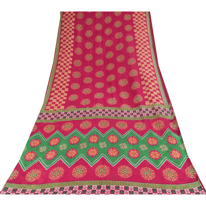 Sanskriti Vintage Sarees Hot-Pink Pure Cotton Printed Sari 5+yd Craft Fabric