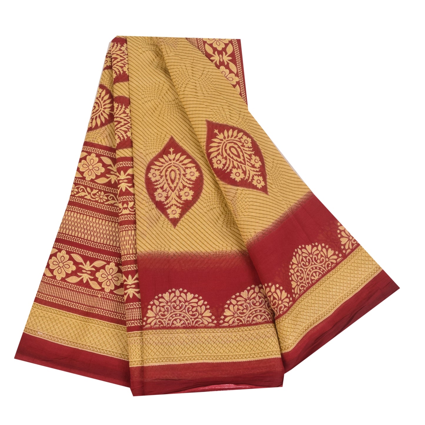 Sanskriti Vintage Sarees Pale Yellow/Red 100% Pure Cotton Print Sari 5+yd Fabric