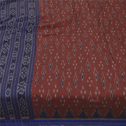 Sanskriti Vintage Sarees Red Ikat Handwoven Odisha Pure Cotton Sari 5+yd Fabric