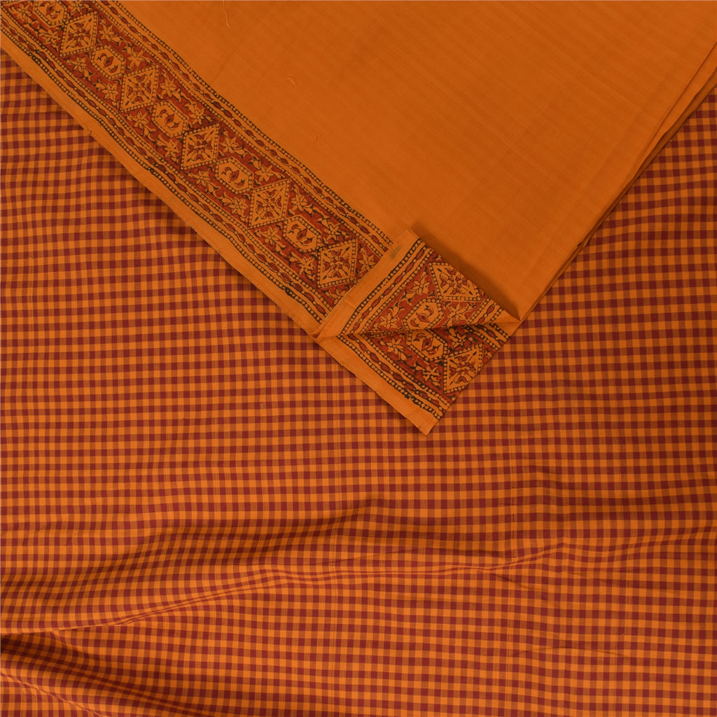 Sanskriti Vintage Sarees Saffron Hand Block Print Woven Pure Cotton Sari Fabric