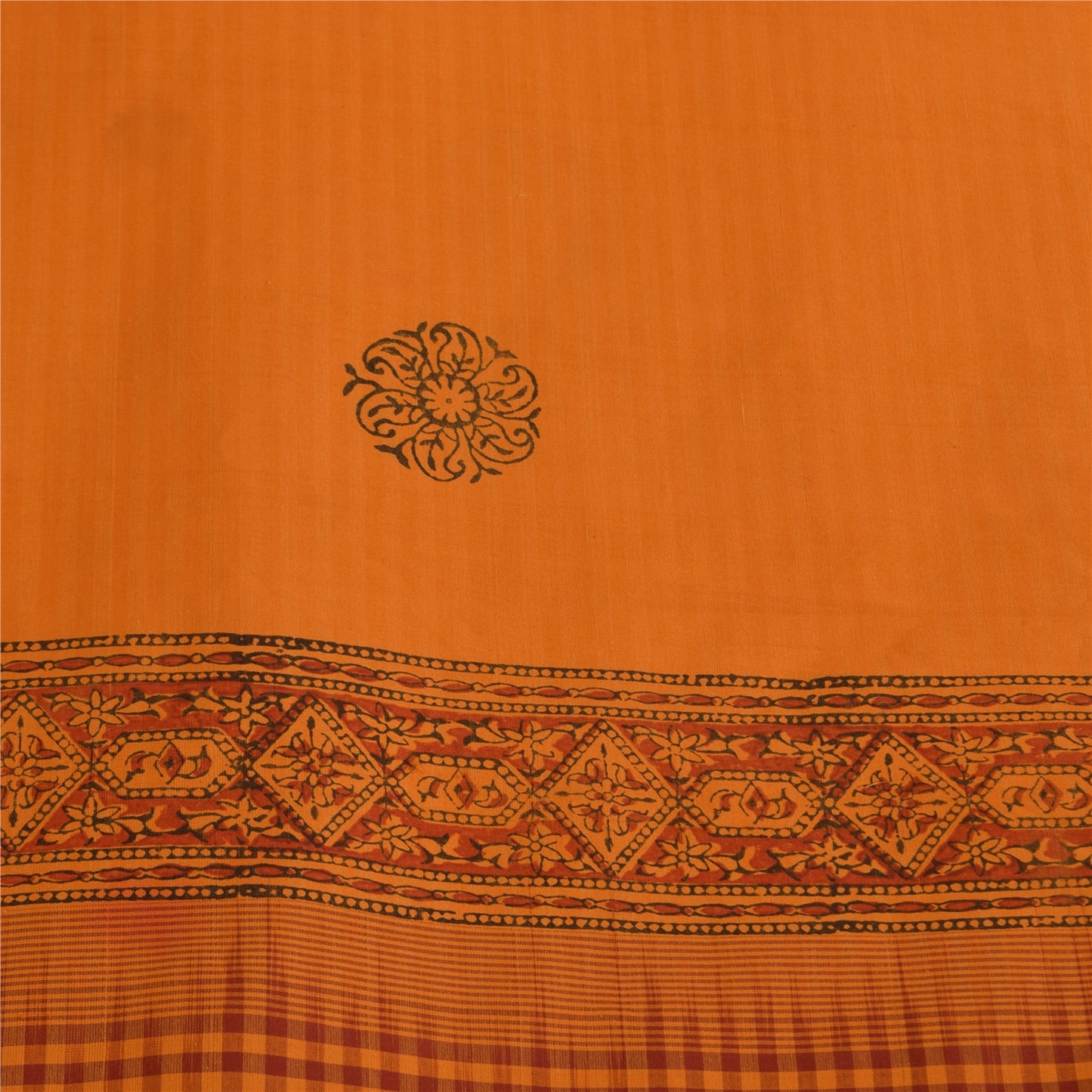 Sanskriti Vintage Sarees Saffron Hand Block Print Woven Pure Cotton Sari Fabric