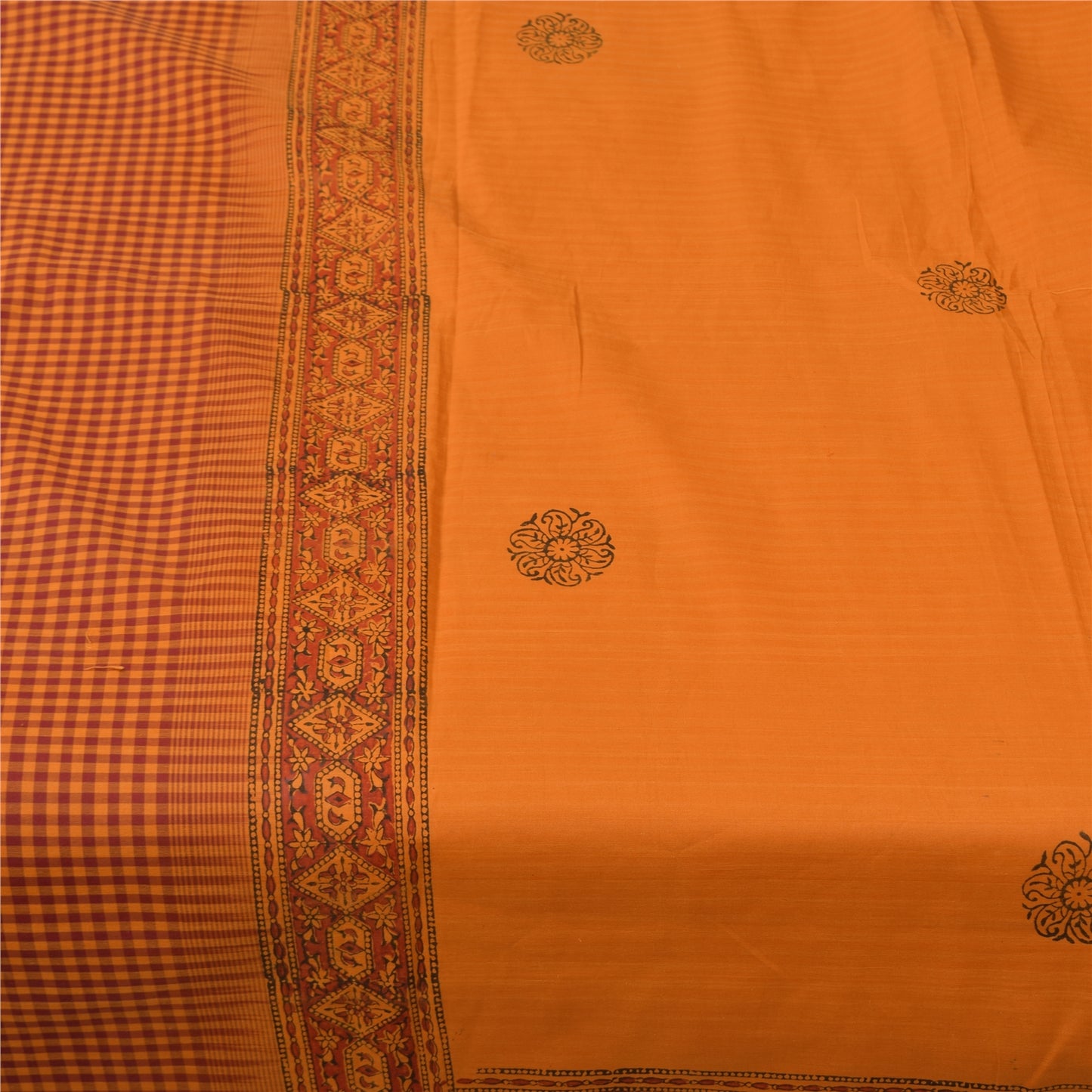 Sanskriti Vintage Sarees Saffron Hand Block Print Woven Pure Cotton Sari Fabric