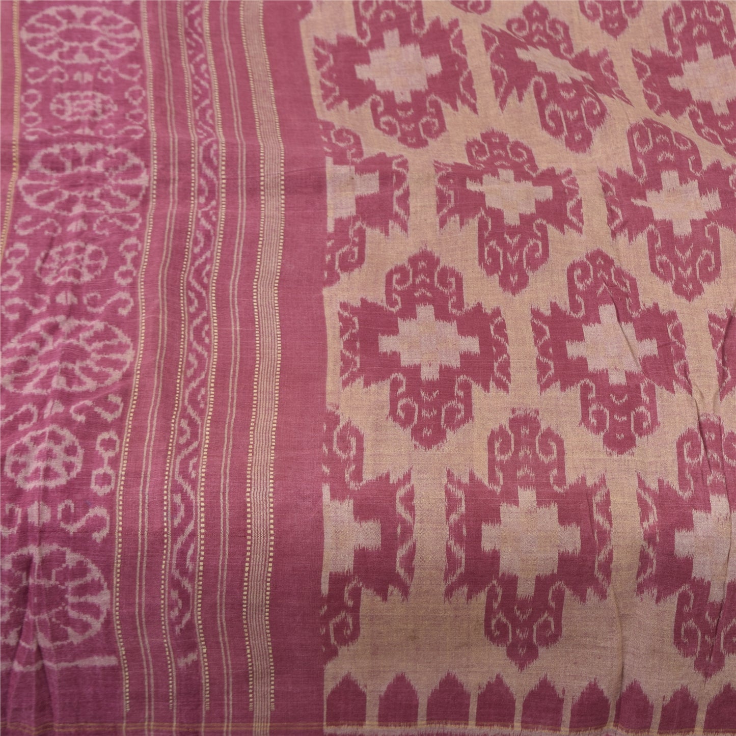 Sanskriti Vintage Sarees Indian Pink Ikat Handwoven Pure Cotton Sari 5+yd Fabric