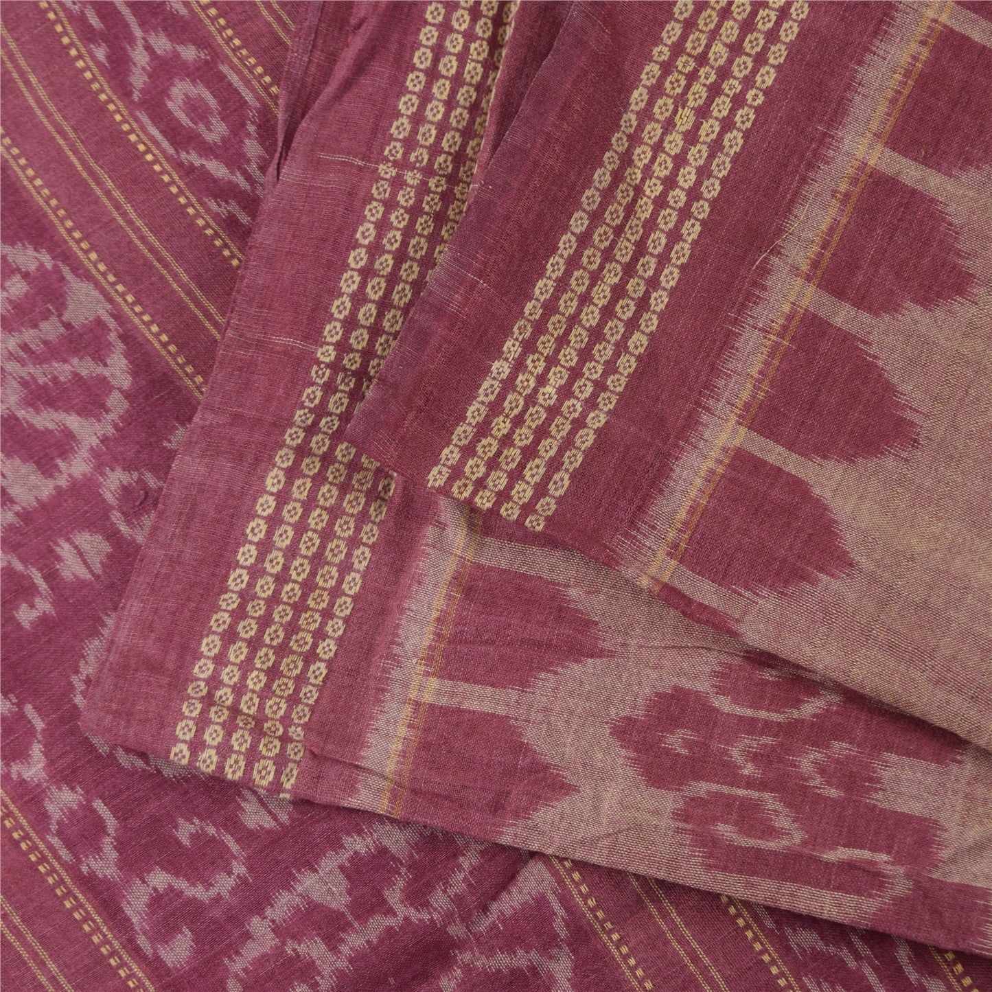 Sanskriti Vintage Sarees Indian Pink Ikat Handwoven Pure Cotton Sari 5+yd Fabric