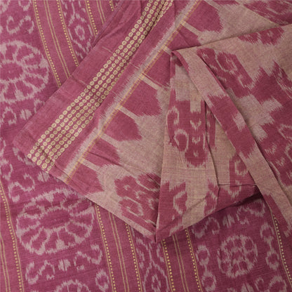 Sanskriti Vintage Sarees Indian Pink Ikat Handwoven Pure Cotton Sari 5+yd Fabric