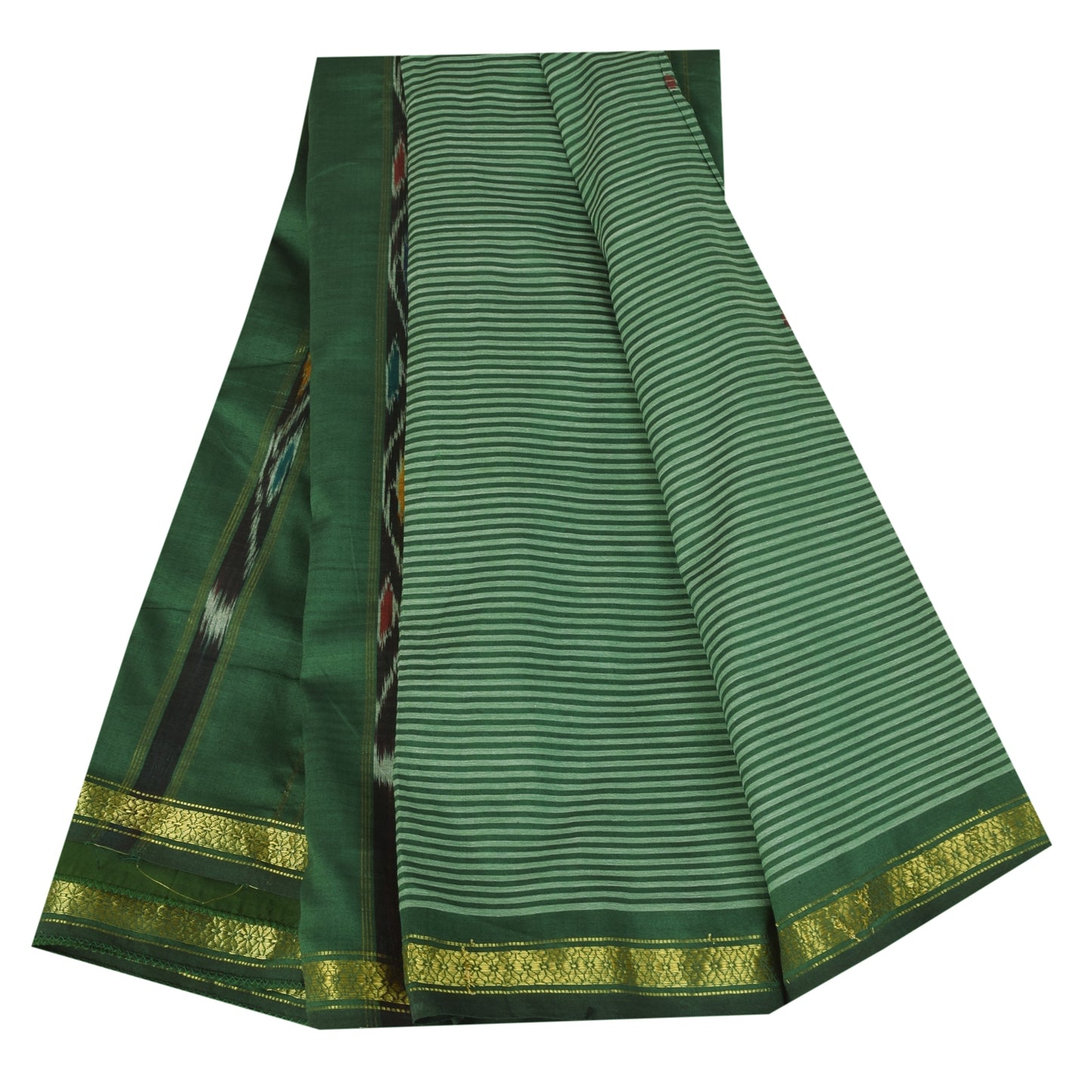 Sanskriti Vintage Sarees IndianGreen Ikat Handwoven Pure Cotton Sari 5+yd Fabric