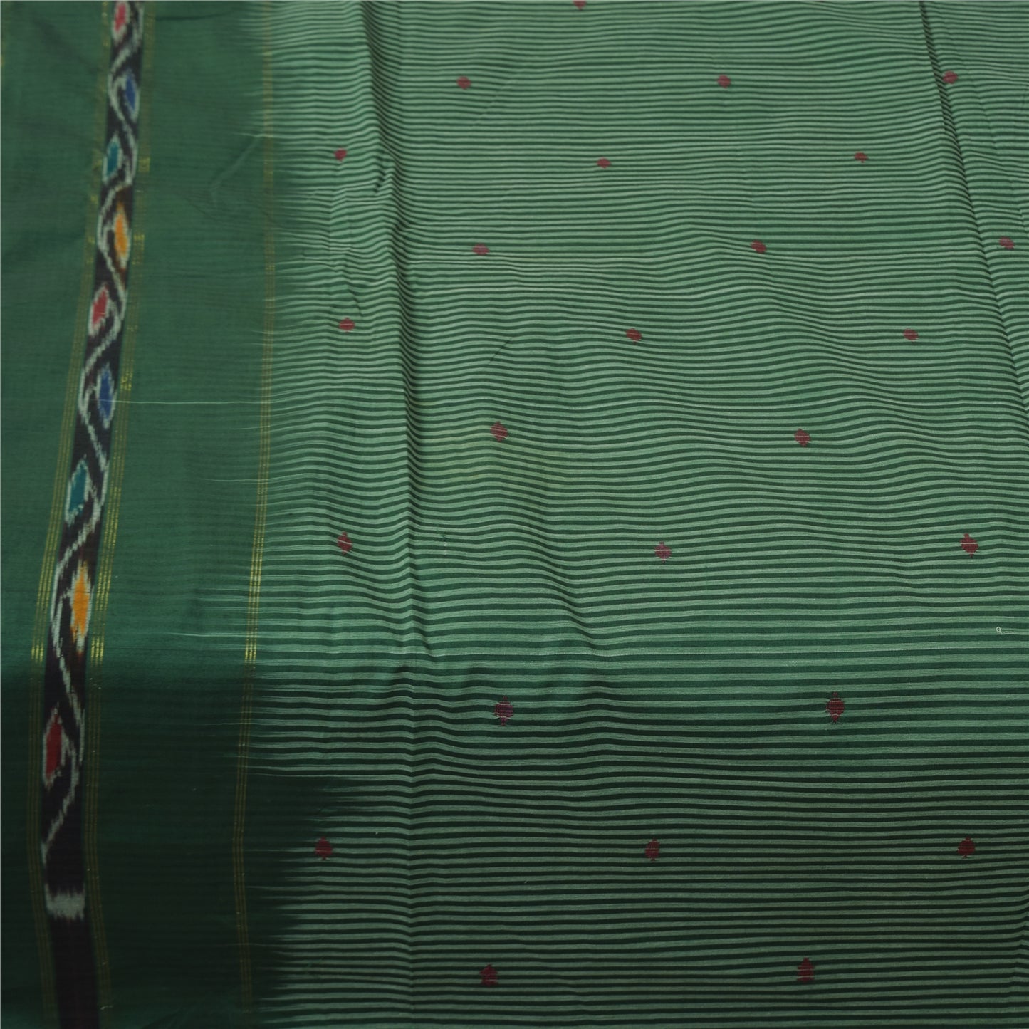 Sanskriti Vintage Sarees IndianGreen Ikat Handwoven Pure Cotton Sari 5+yd Fabric