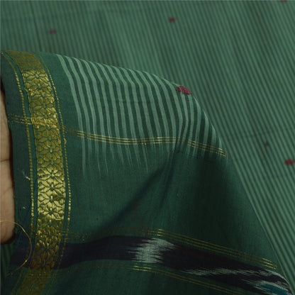 Sanskriti Vintage Sarees IndianGreen Ikat Handwoven Pure Cotton Sari 5+yd Fabric