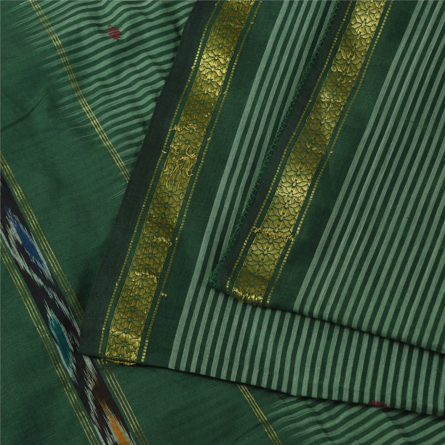 Sanskriti Vintage Sarees IndianGreen Ikat Handwoven Pure Cotton Sari 5+yd Fabric