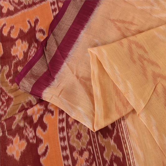 Sanskriti Vintage Sarees PeachIkat Handwoven Odisha Cotton Silk Sari 5+yd Fabric