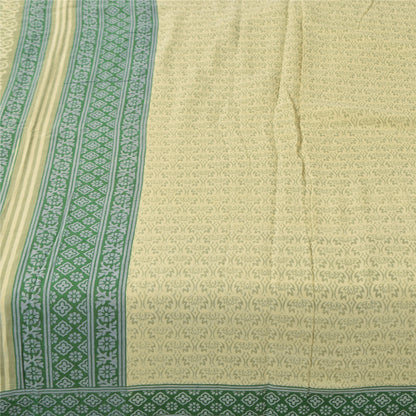 Sanskriti Vintage Sarees Cream/Green Pure Cotton Printed Sari 5+yd Craft Fabric