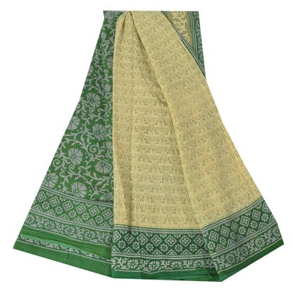 Sanskriti Vintage Sarees Cream/Green Pure Cotton Printed Sari 5+yd Craft Fabric