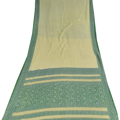 Sanskriti Vintage Sarees Cream/Green Pure Cotton Printed Sari 5+yd Craft Fabric