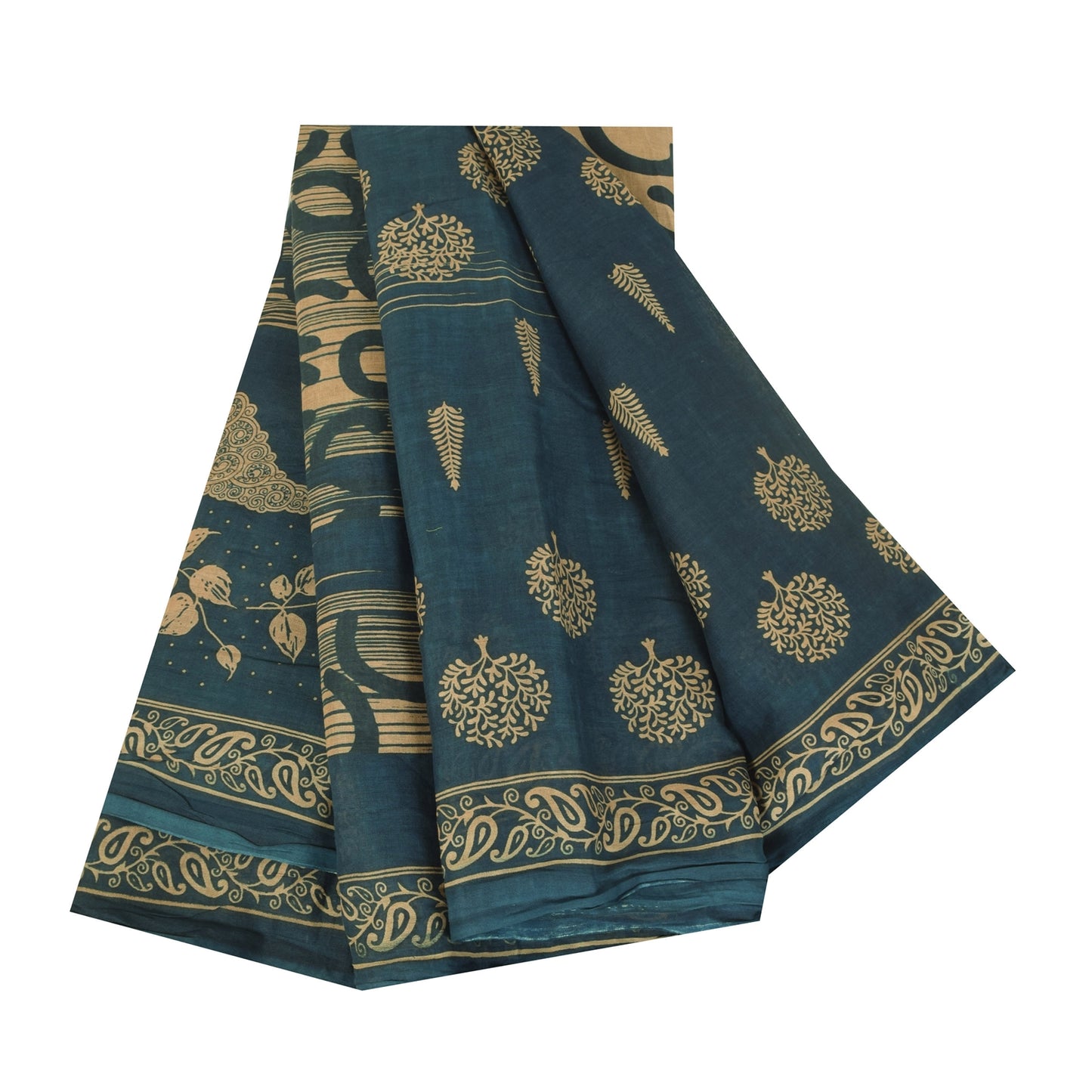 Sanskriti Vintage Sarees Indian Teal Pure Cotton Printed Sari 5+yd Craft Fabric