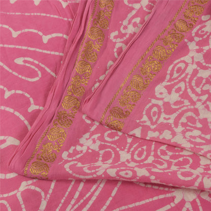 Sanskriti Vintage Sarees Pink Batik Work Zari Woven Pure Cotton Sari 5+yd Fabric