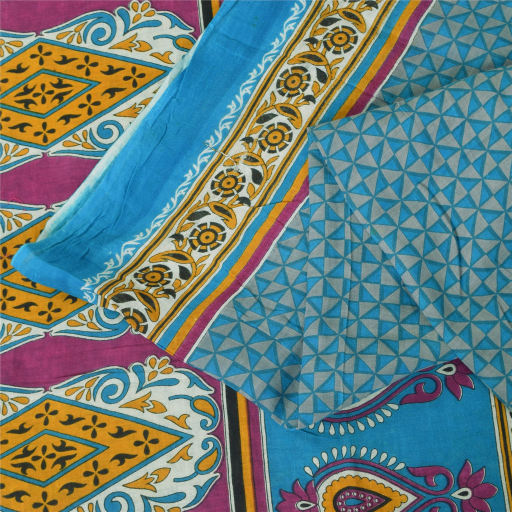 Sanskriti Vintage Sarees Indian Blue Pure Cotton Printed Sari 5+yd Craft Fabric