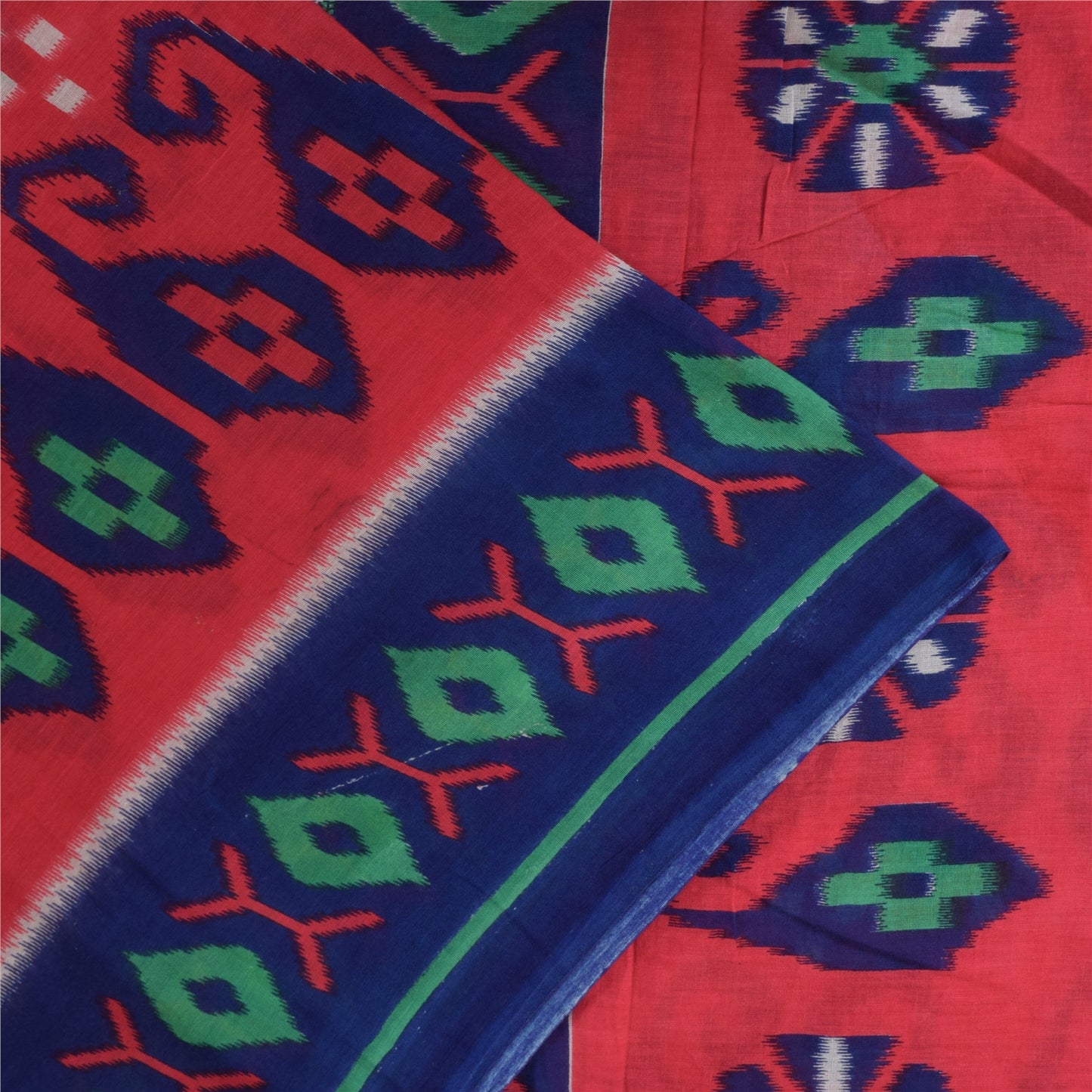 Sanskriti Vintage Sarees Red/Blue Pure Cotton Ikat Print Sari 5+yd Craft Fabric