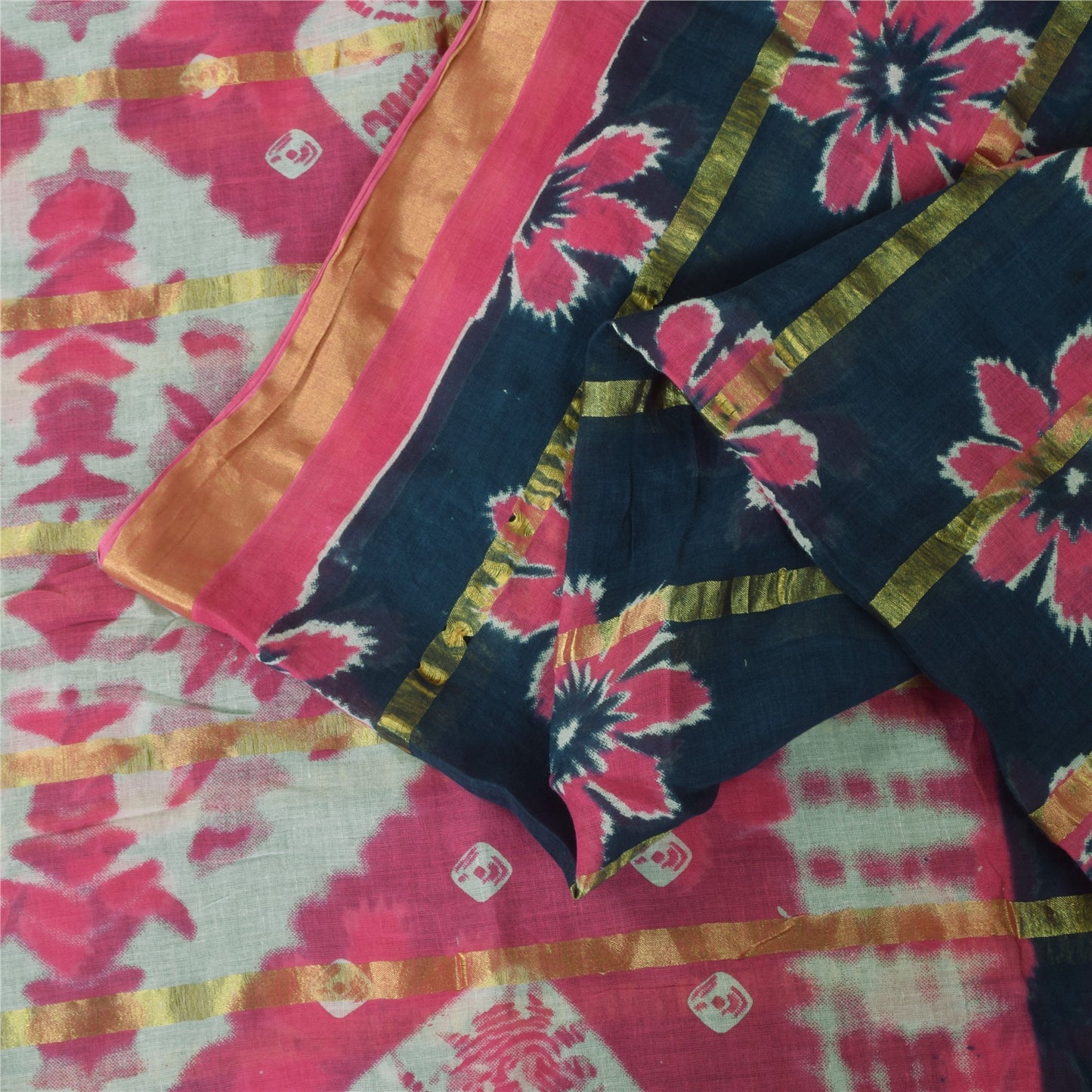 Sanskriti Vintage Sarees Green/Pink Pure Cotton Printed Woven Sari 5+yd Fabric