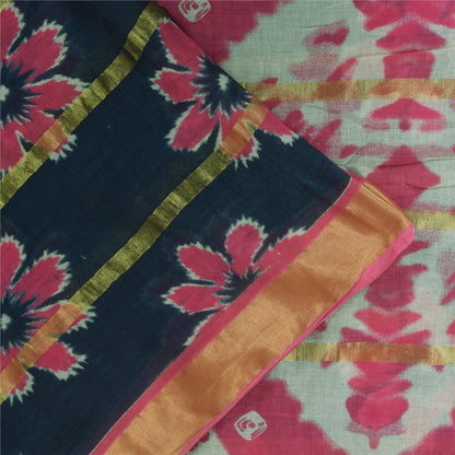 Sanskriti Vintage Sarees Green/Pink Pure Cotton Printed Woven Sari 5+yd Fabric