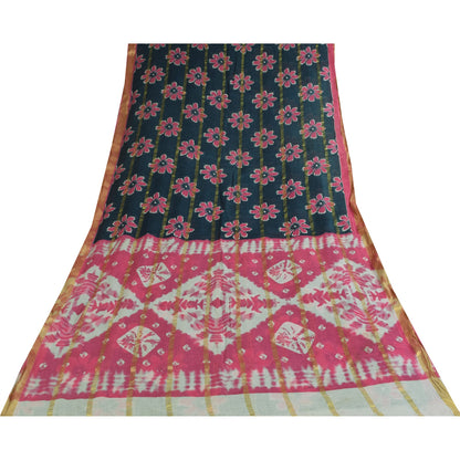 Sanskriti Vintage Sarees Green/Pink Pure Cotton Printed Woven Sari 5+yd Fabric