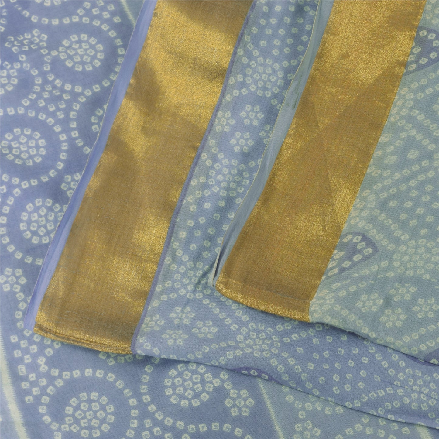 Sanskriti Vintage Sarees Blue Bandhani Printed Zari Pure Cotton Sari 5+yd Fabric