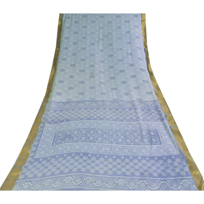 Sanskriti Vintage Sarees Blue Bandhani Printed Zari Pure Cotton Sari 5+yd Fabric