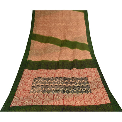 Sanskriti Vintage Sarees Peach/Red Pure Cotton Printed Sari 5+yd Craft Fabric