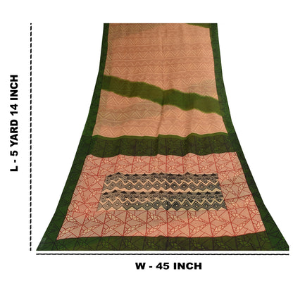 Sanskriti Vintage Sarees Peach/Red Pure Cotton Printed Sari 5+yd Craft Fabric