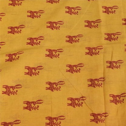 Sanskriti Vintage Sarees Yellow/Red Pure Cotton Zari Deer Print Sari 5+yd Fabric