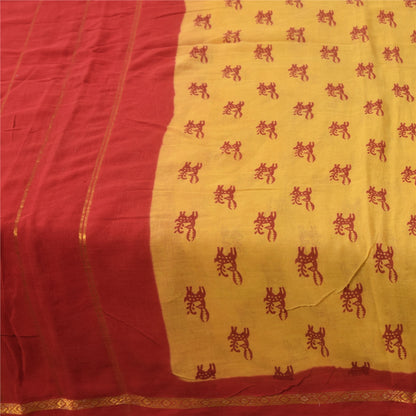 Sanskriti Vintage Sarees Yellow/Red Pure Cotton Zari Deer Print Sari 5+yd Fabric