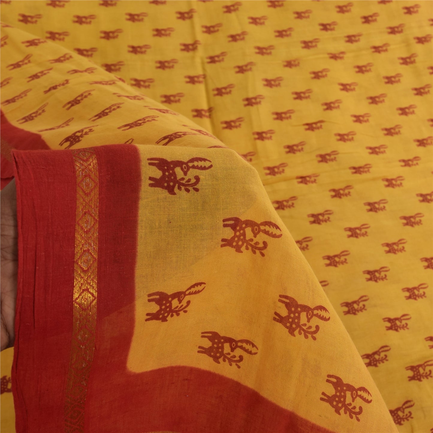 Sanskriti Vintage Sarees Yellow/Red Pure Cotton Zari Deer Print Sari 5+yd Fabric