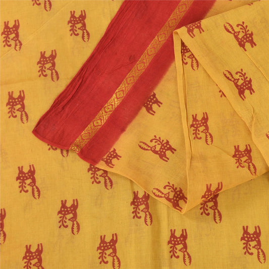 Sanskriti Vintage Sarees Yellow/Red Pure Cotton Zari Deer Print Sari 5+yd Fabric