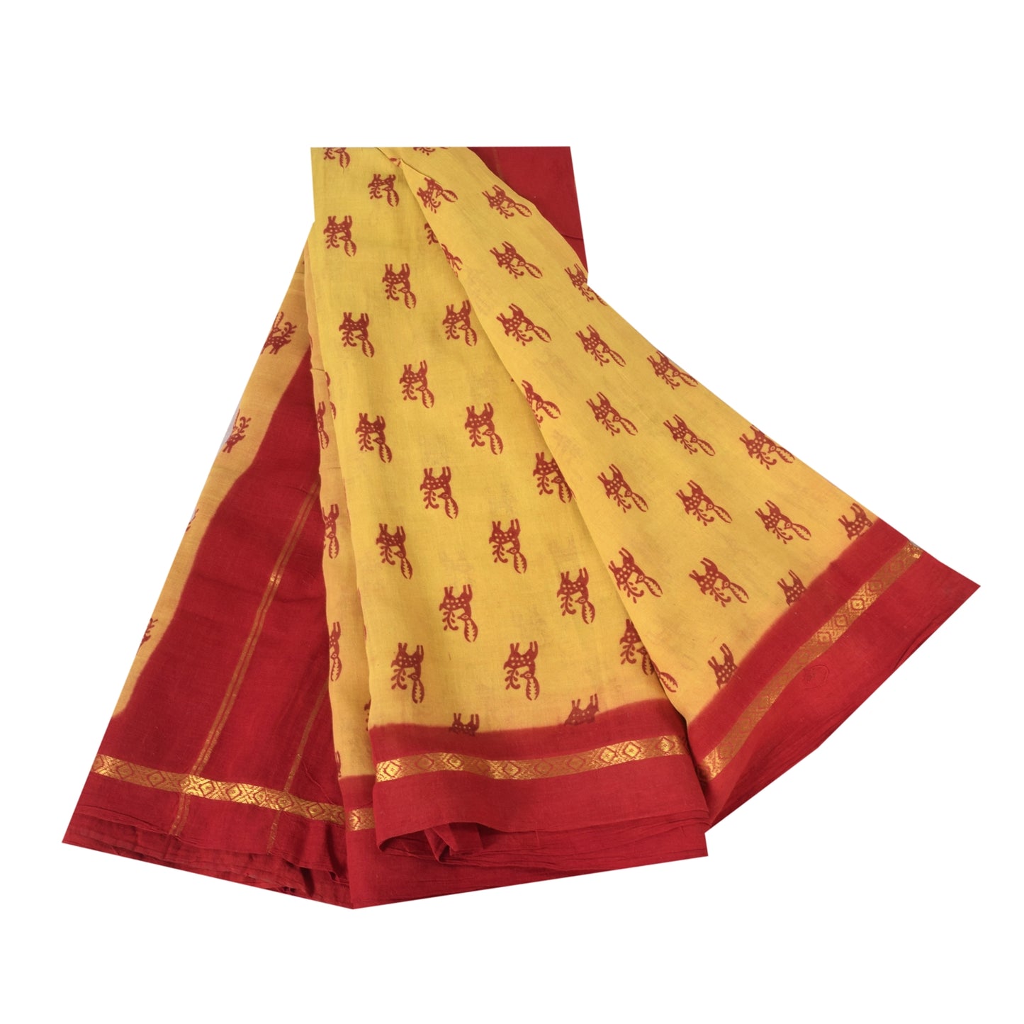 Sanskriti Vintage Sarees Yellow/Red Pure Cotton Zari Deer Print Sari 5+yd Fabric