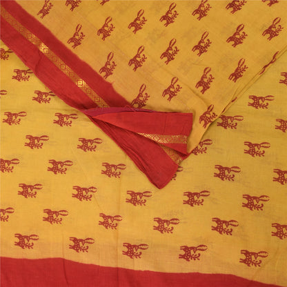 Sanskriti Vintage Sarees Yellow/Red Pure Cotton Zari Deer Print Sari 5+yd Fabric