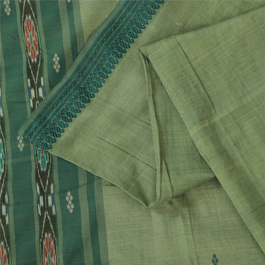 Sanskriti Vintage Sarees GreenIkat Handwoven Odisha Pure Cotton Sari 5+yd Fabri