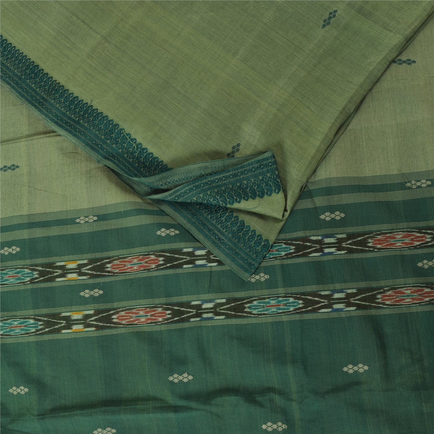 Sanskriti Vintage Sarees GreenIkat Handwoven Odisha Pure Cotton Sari 5+yd Fabri