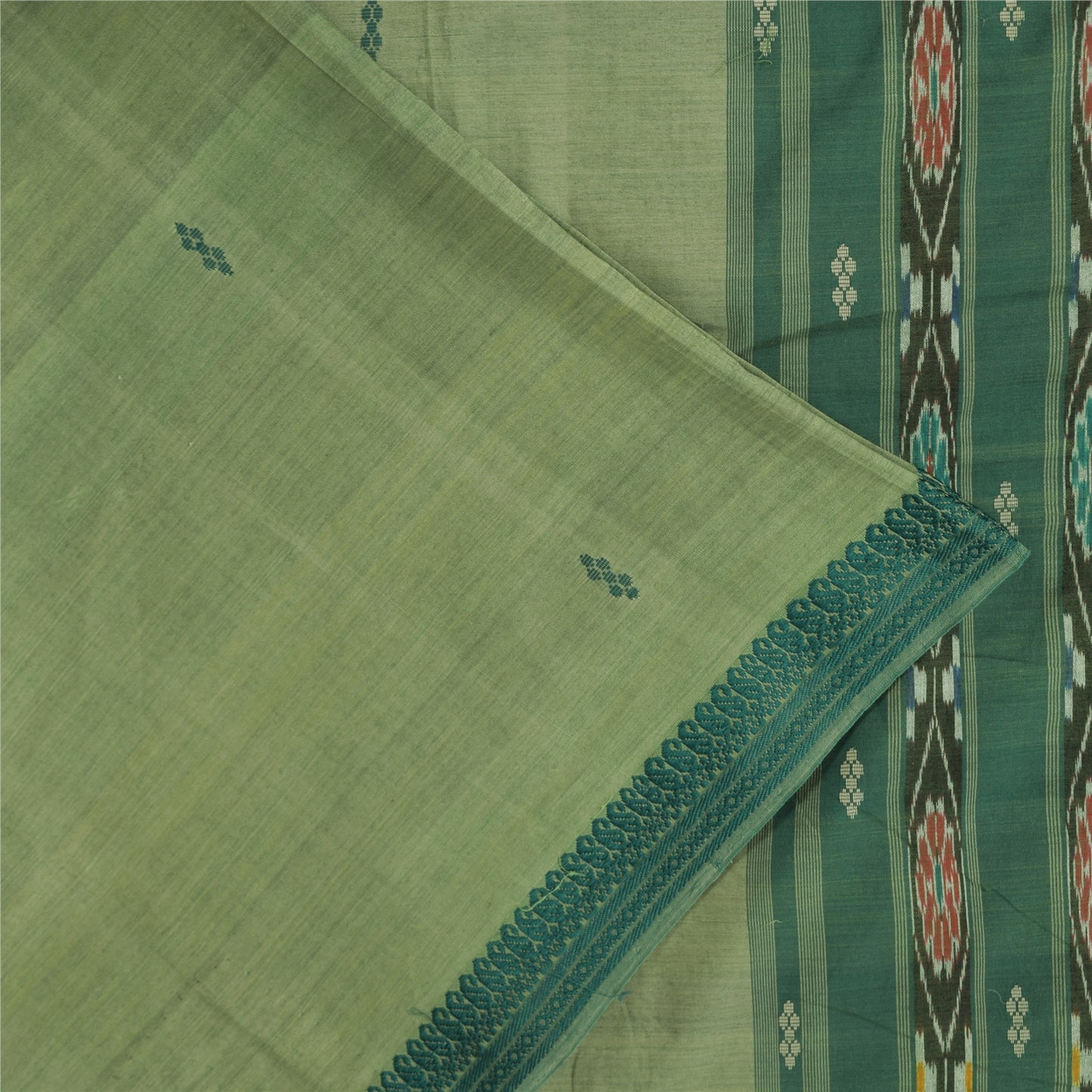 Sanskriti Vintage Sarees GreenIkat Handwoven Odisha Pure Cotton Sari 5+yd Fabri