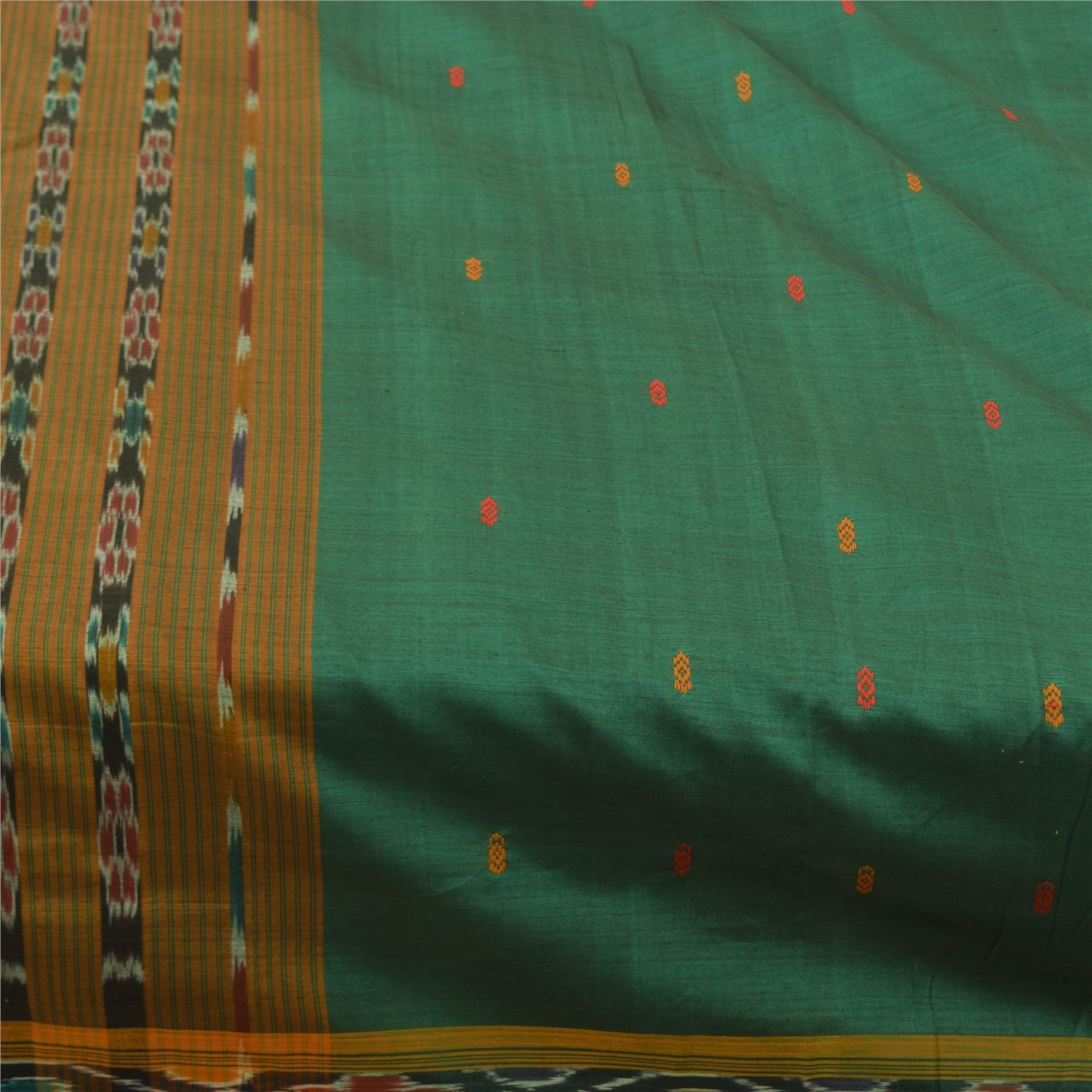 Sanskriti Vintage Sarees GreenIkat Handwoven Odisha Pure Cotton Sari 5+yd Fabric