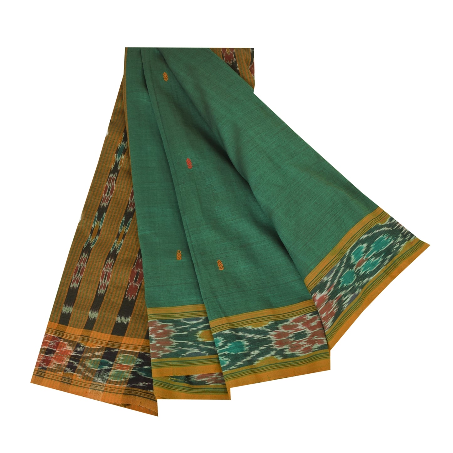 Sanskriti Vintage Sarees GreenIkat Handwoven Odisha Pure Cotton Sari 5+yd Fabric