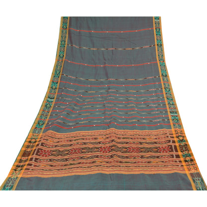 Sanskriti Vintage Sarees Ikat Handwoven Odisha 100% Pure Cotton Sari 5+yd Fabric