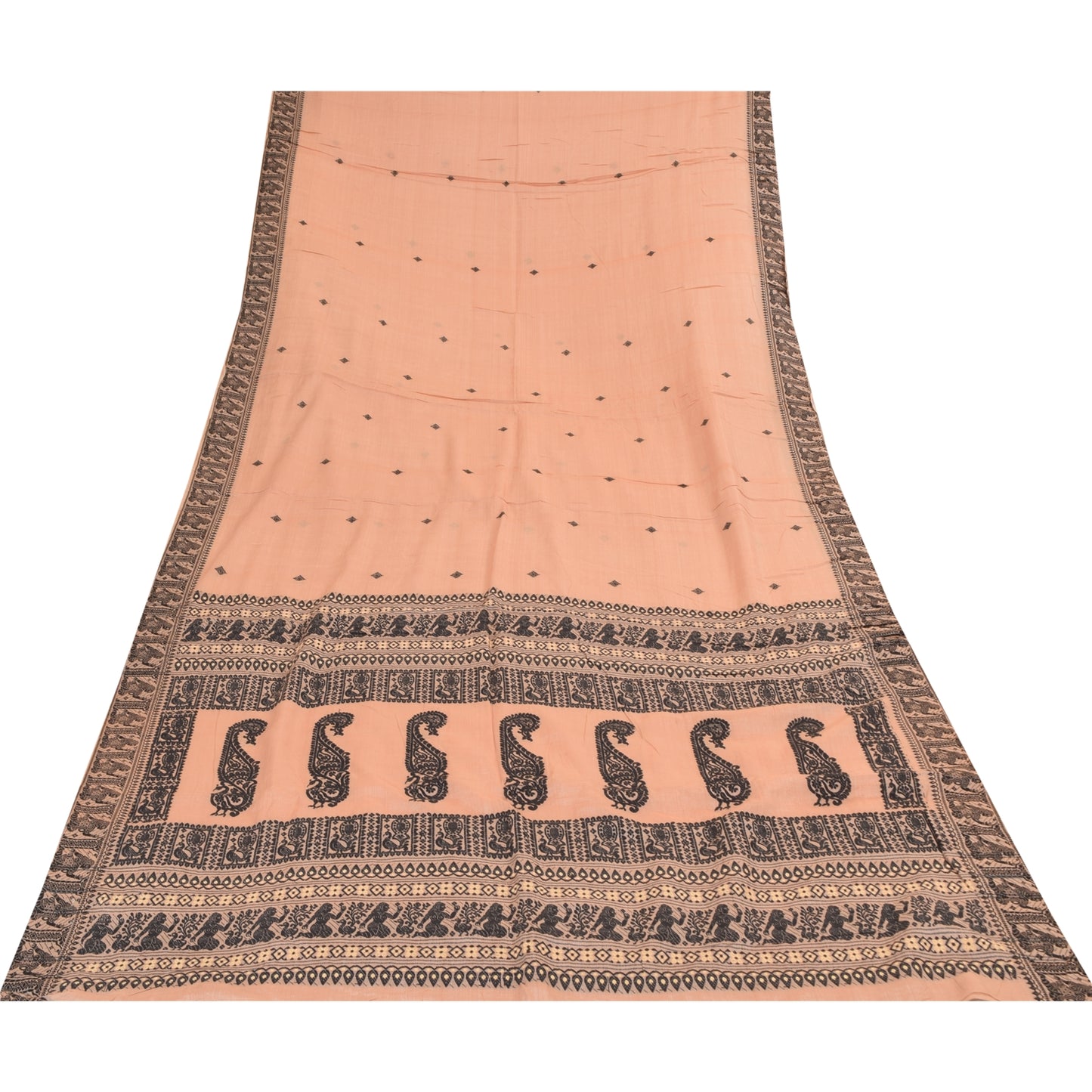 Sanskriti Vintage Sarees Indian Peach Pure Cotton Hand Woven Sari 5+yd Fabric