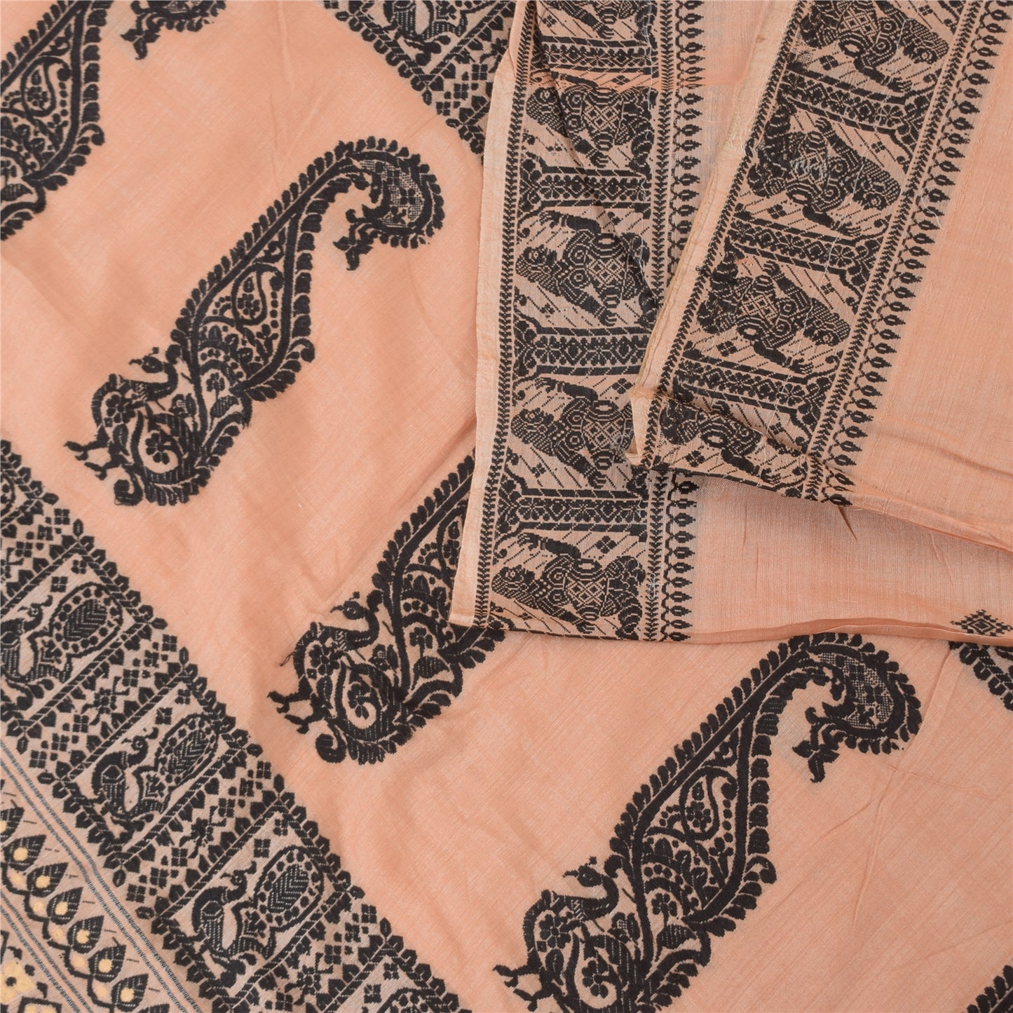 Sanskriti Vintage Sarees Indian Peach Pure Cotton Hand Woven Sari 5+yd Fabric