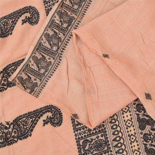 Sanskriti Vintage Sarees Indian Peach Pure Cotton Hand Woven Sari 5+yd Fabric