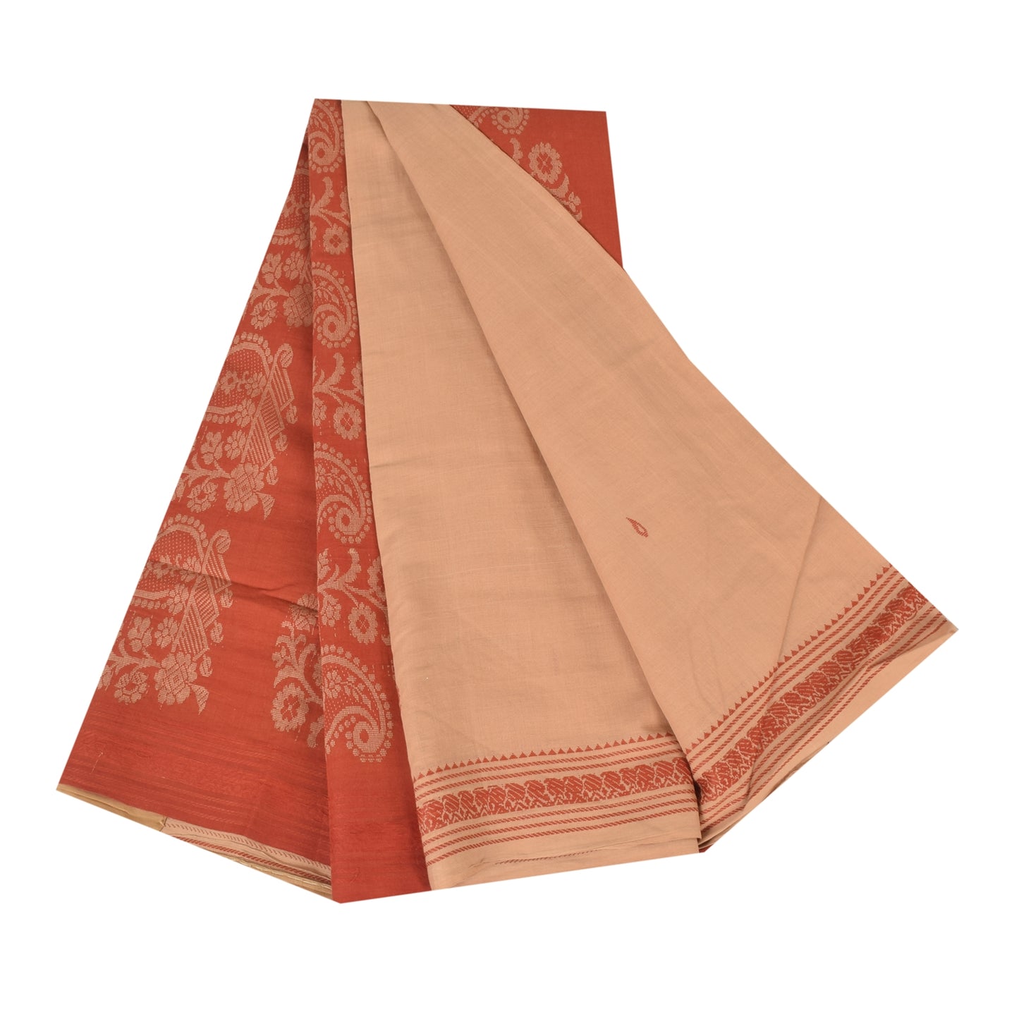 Sanskriti Vintage Sarees Peach/Orange Woven 100% Pure Cotton Sari 5+yd Fabric