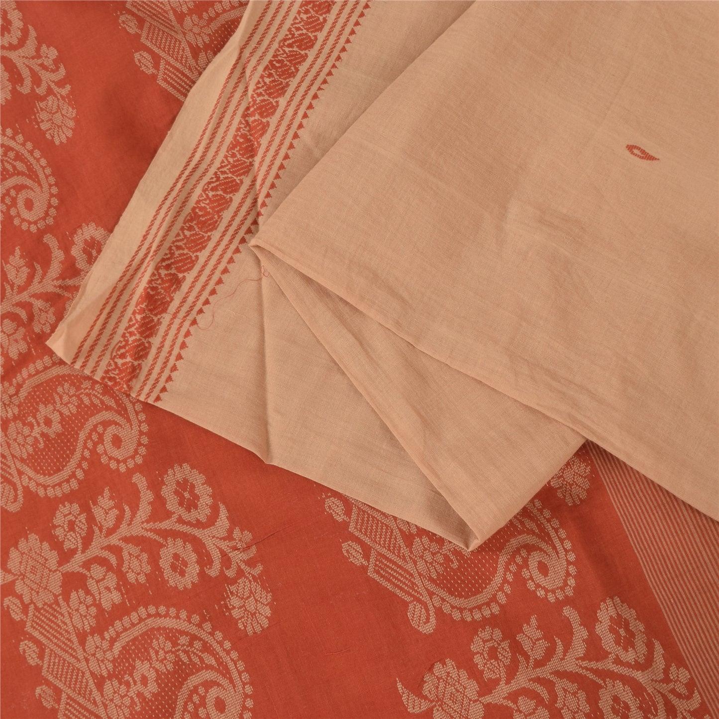 Sanskriti Vintage Sarees Peach/Orange Woven 100% Pure Cotton Sari 5+yd Fabric