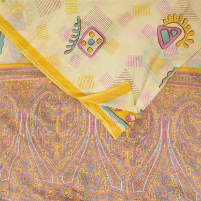 Sanskriti Vintage Sarees Cream 100% Pure Cotton Printed Sari 5+yd Craft Fabric