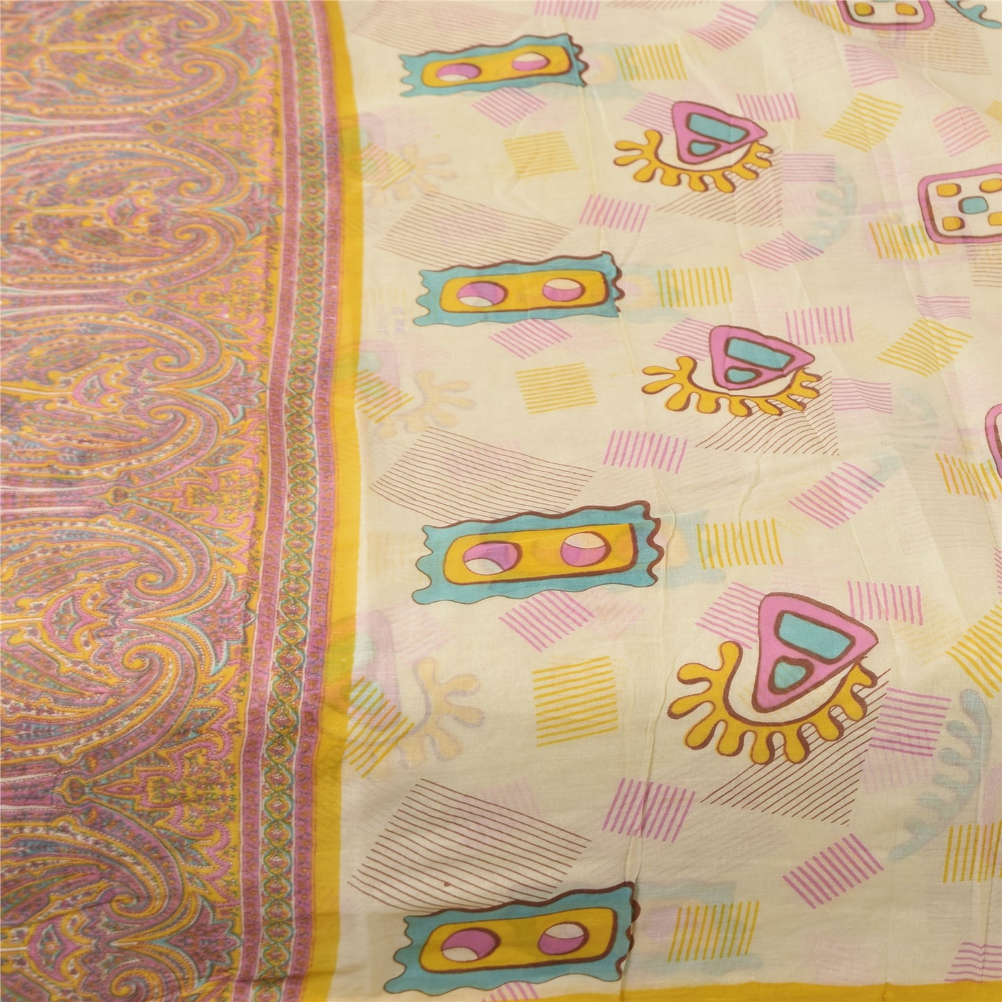 Sanskriti Vintage Sarees Cream 100% Pure Cotton Printed Sari 5+yd Craft Fabric