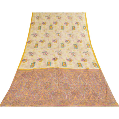 Sanskriti Vintage Sarees Cream 100% Pure Cotton Printed Sari 5+yd Craft Fabric