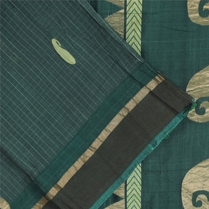 Sanskriti Vintage Sarees Teal Blue Woven Pure Cotton Paisley Sari 5+yd Fabric